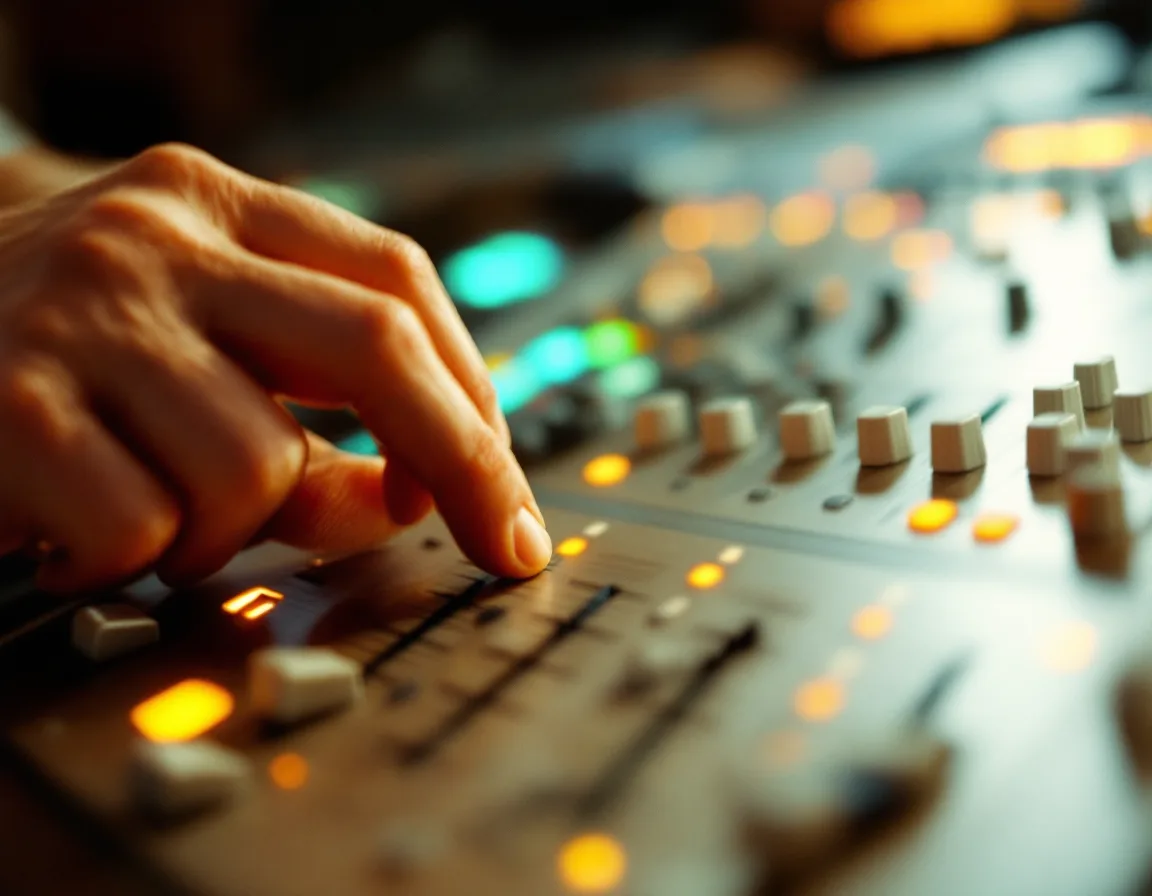 Hands adjusting a fader on a mixing console under warm light
